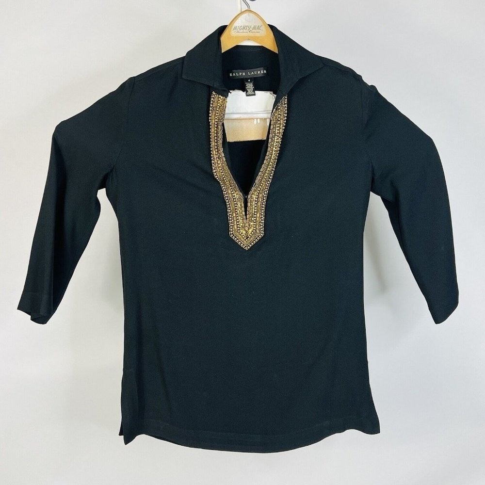 Ralph Lauren Black Label Black w/ Gold Accent Womens 3/4 Sleeve Top Size 4‎